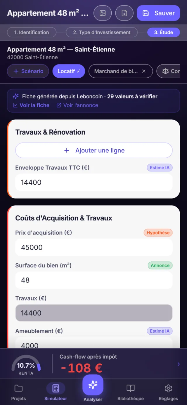 Simulateur Brickly : chaque valeur porte une pastille Annonce, Estimé IA ou Hypothèse