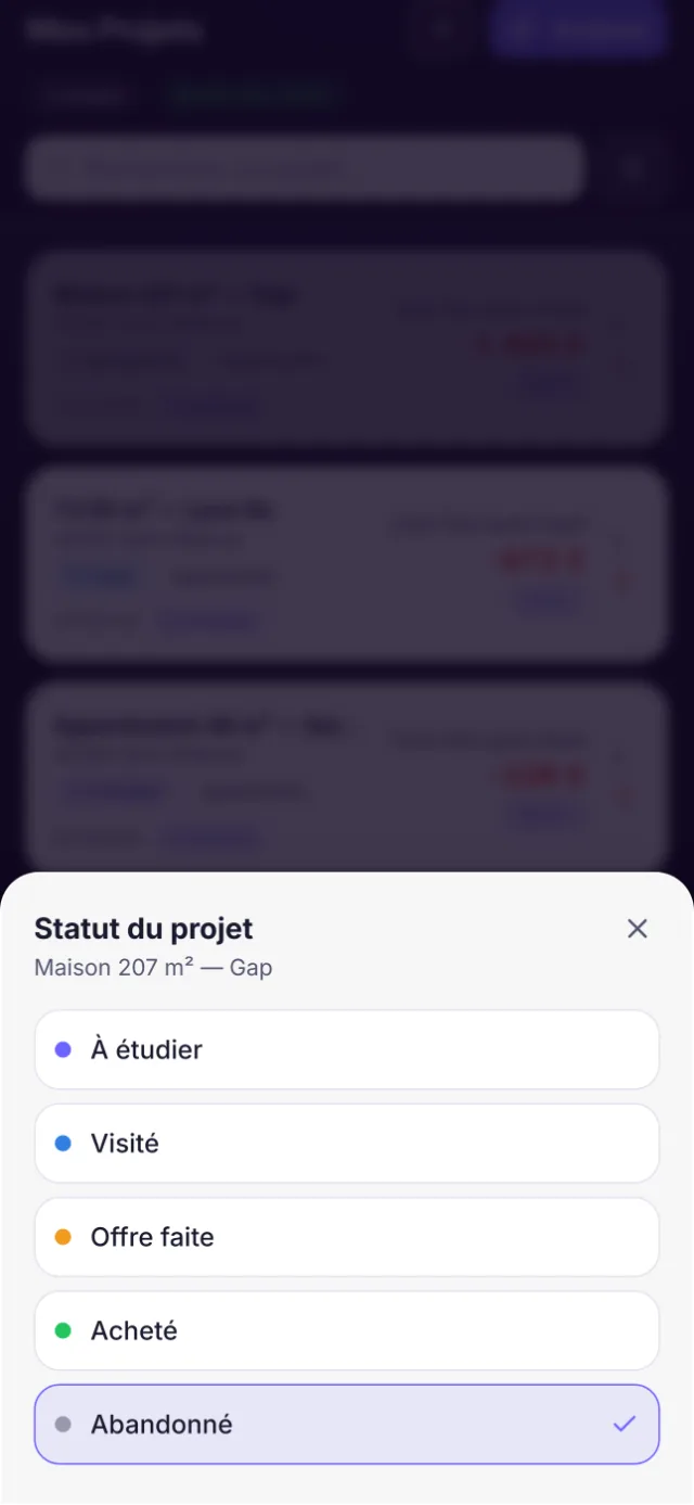 Projets Brickly classés par statut, de À étudier à Acheté